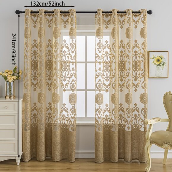 2Panels Vintage Luxe Golden Jacquard Sheer Curtains With Grommet Top - Picture 6 of 12